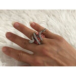 Vintage adjustable statement snake stretch ring crystal embellishment‎ coral